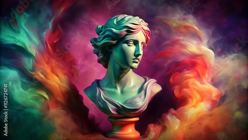 Classical Marble Bust Against Vibrant Swirling Paint in Contemporary Style photo