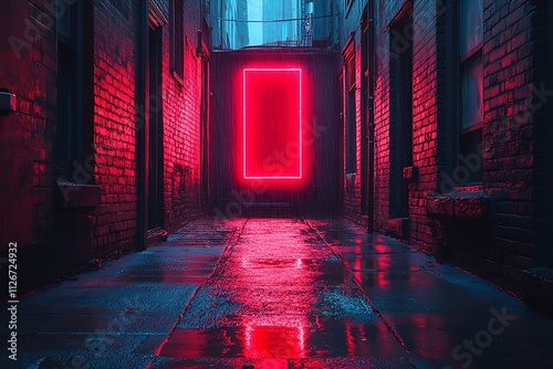 A rainy night in a dark city alley illuminated by red neon light