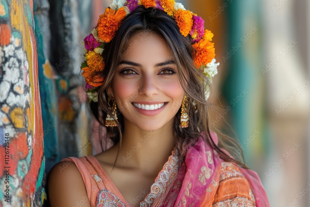 Beautiful smiling woman wearing flower crown and traditional indian dress Beautiful smiling woman wearing flower crown and traditional indian dress