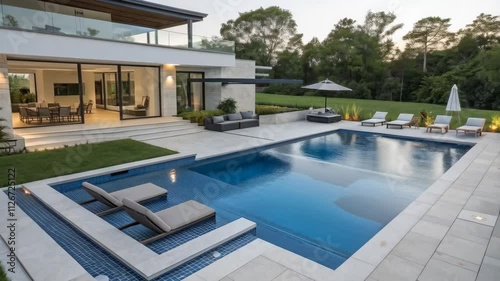 Modern villa with luxurious swimming pool and beautiful landscape