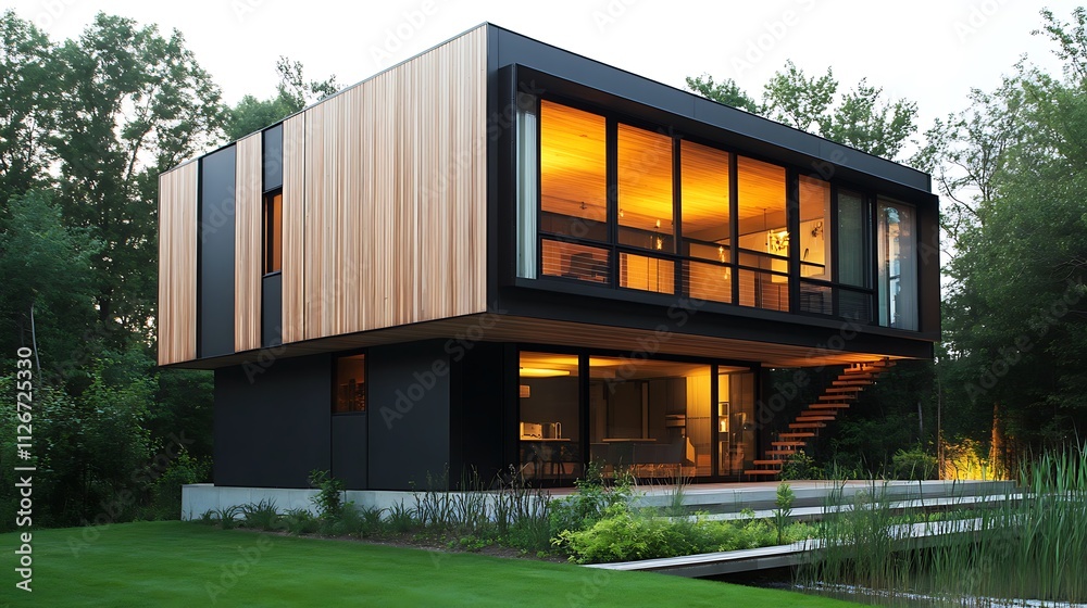 Modern Wood and Black Two-Story Home at Dusk, Lakeside Setting. AI Generated Modern Wood and Black Two-Story Home at Dusk, Lakeside Setting. AI Generated