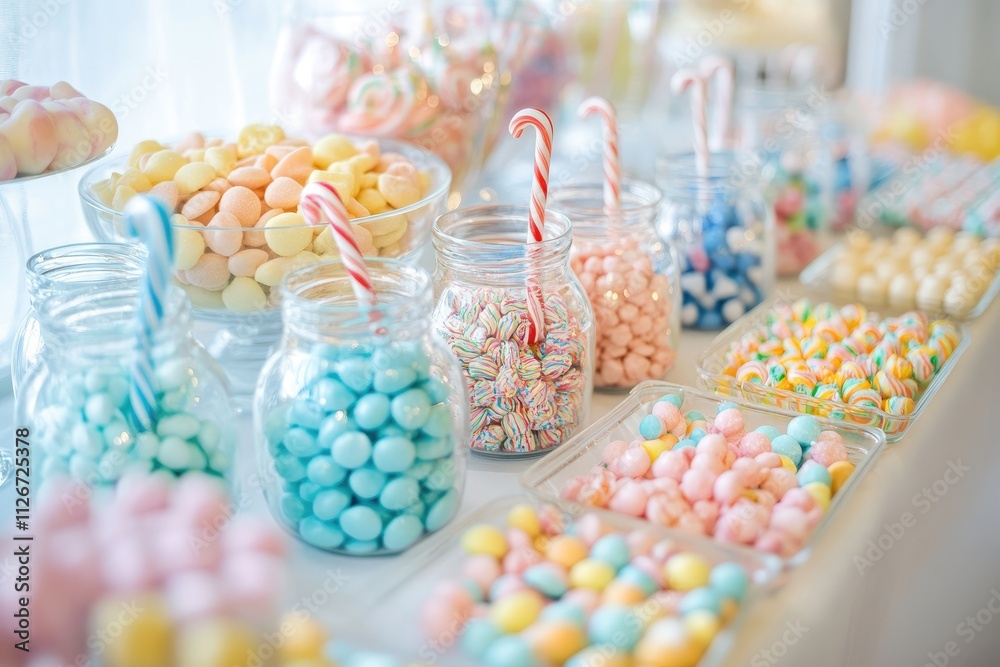 Colorful candy buffet displaying various sweets and treats in glass jars Colorful candy buffet displaying various sweets and treats in glass jars