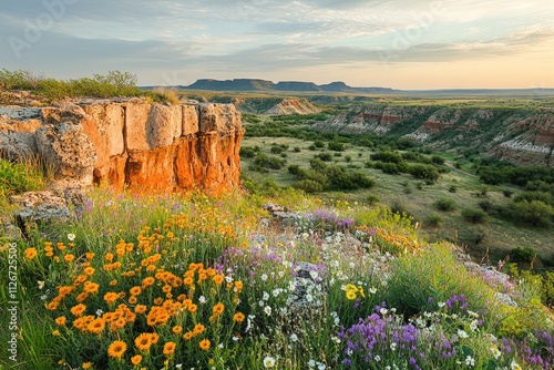 Wildflowers blooming on caprock canyon state park cliff at sunrise photo