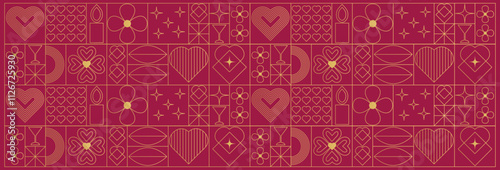 Geometric Valentine's Day pattern in linear style. Postcard, banner, poster with minimalistic gold line icons.