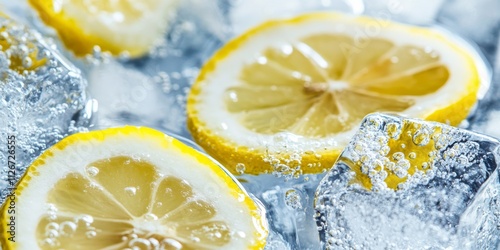 Refreshing lemon and ice cubes perfectly complement the crispness of soda water, creating a delightful beverage highlighting the vibrant flavor of lemon and the chill of ice cubes. photo