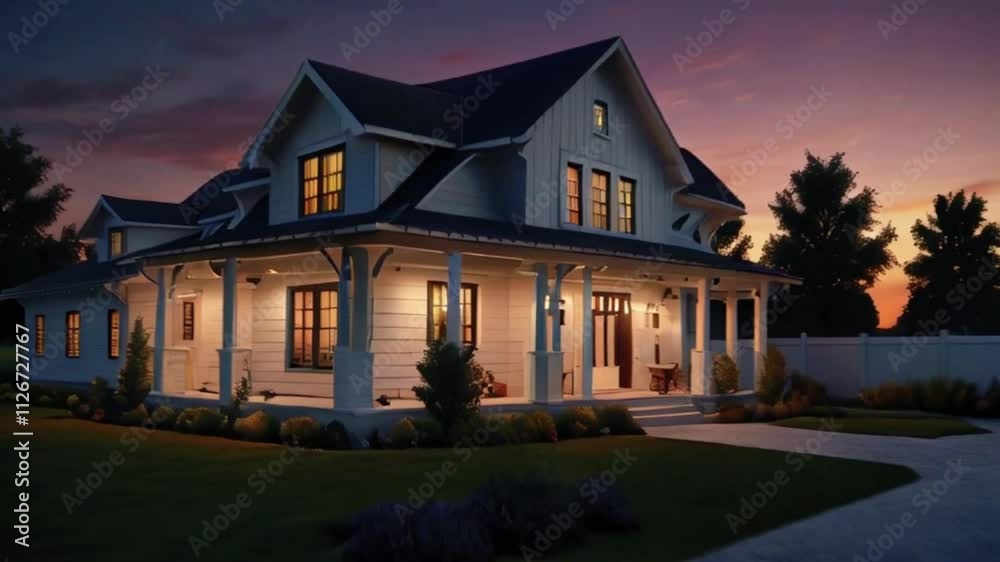 Beautiful modern farmhouse style luxury home exterior at twilight, 4k High-Quality Wallpaper Background Animation Video