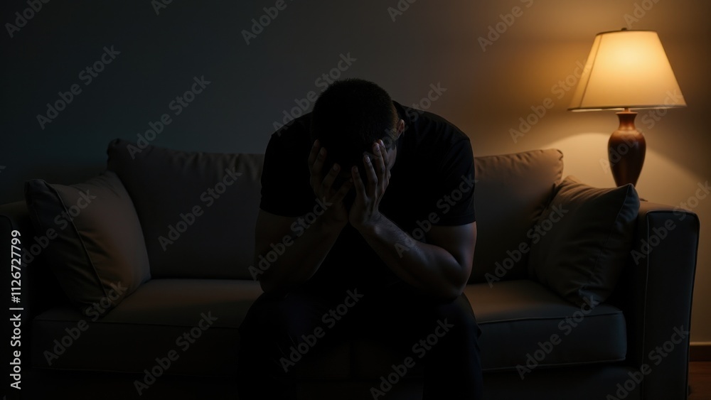 An individual sitting on a couch in a cozy but dimly lit room, head in hands, soft light from a nearby lamp, conveying disappointment and introspection, neutral tones and a quiet atmosphere An individual sitting on a couch in a cozy but dimly lit room, head in hands, soft light from a nearby lamp, conveying disappointment and introspection, neutral tones and a quiet atmosphere
