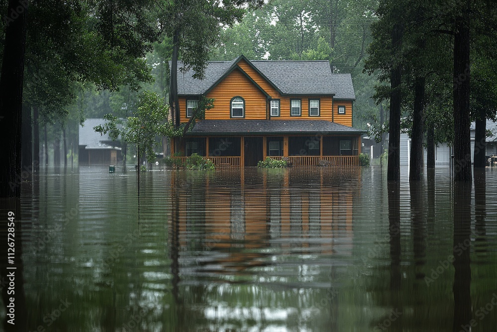 Fototapeta premium Flooded new home in Houston surrounded by water, reflecting nearby houses after heavy rainstorm and flood disaster.