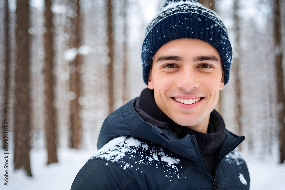 Young man in warm clothes playing with snow outdoors in the winter with copy space. Young man in warm clothes playing with snow outdoors in the winter with copy space.
