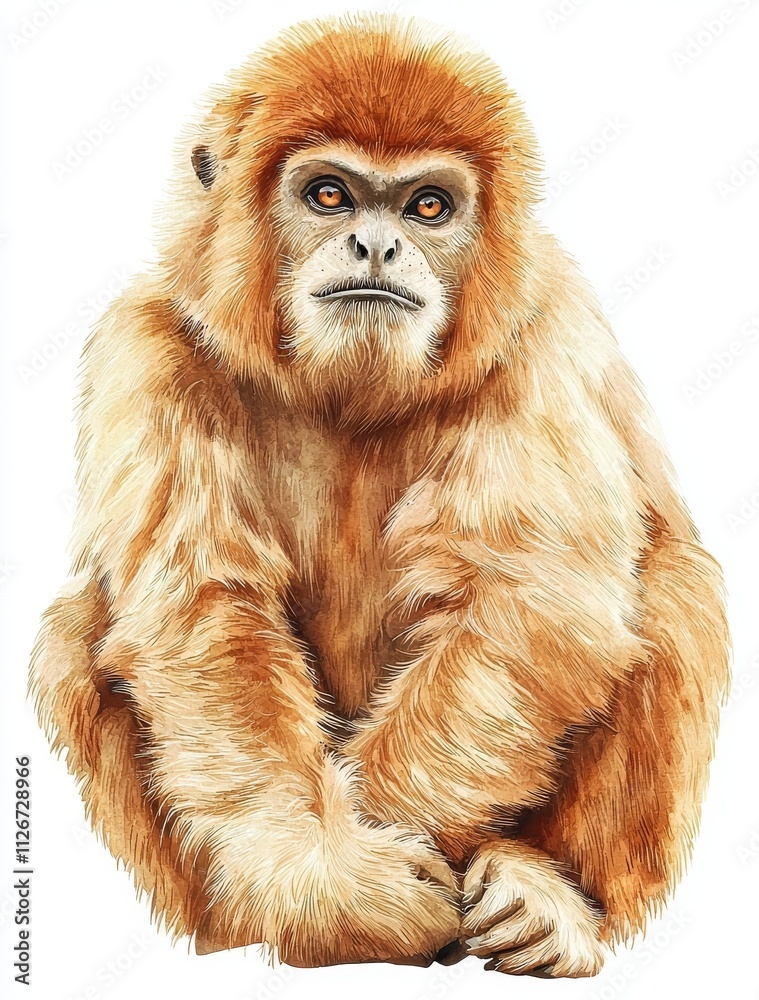 A monkey sits, depicted in a vibrant wildlife painting, showcasing African wildlife, rendered in original watercolor and isolated on a white background. A monkey sits, depicted in a vibrant wildlife painting, showcasing African wildlife, rendered in original watercolor and isolated on a white background.