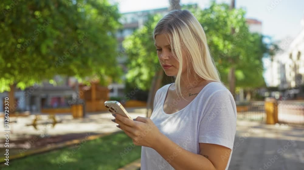 Woman using smartphone outdoors in an urban park during a sunny day showing a concerned expression while standing on a paved path surrounded by trees and buildings Woman using smartphone outdoors in an urban park during a sunny day showing a concerned expression while standing on a paved path surrounded by trees and buildings