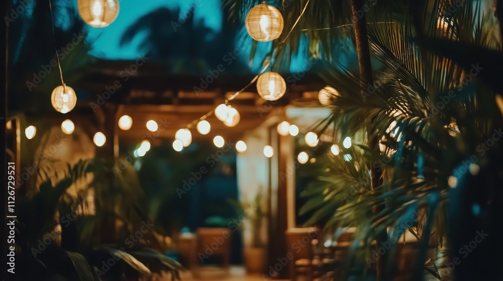 A cozy outdoor dining area illuminated by string lights amidst lush greenery. A cozy outdoor dining area illuminated by string lights amidst lush greenery.