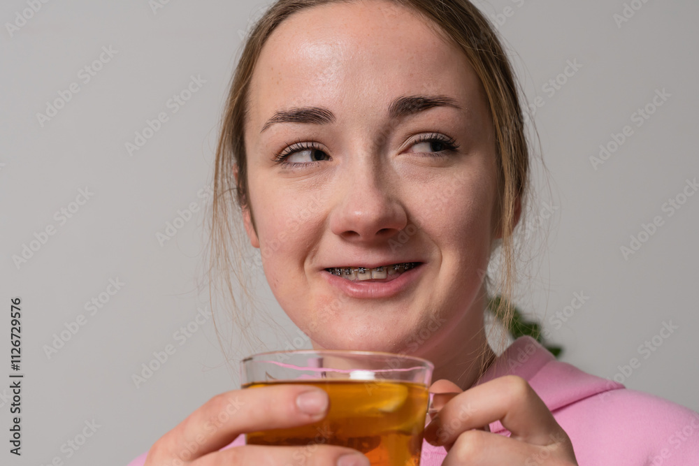 Young girl with braces holds cup with tea at the kitchen Young girl with braces holds cup with tea at the kitchen