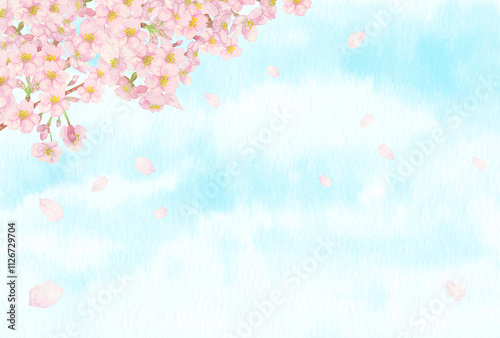 手描きの水彩画：爽やかな青空と左上に桜の背景　枝と蕾付き（日本）
