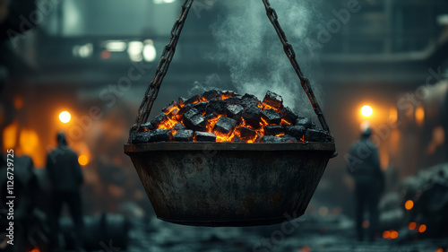 Glowing coal in a cauldron in an industrial foundry.