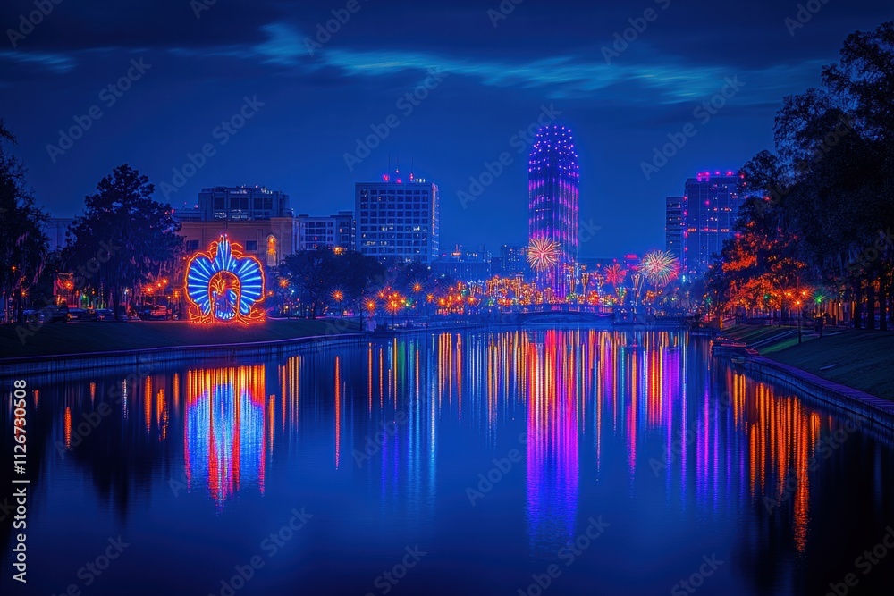 Fototapeta premium Night Lights Reflecting on Lake Eola, Orlando