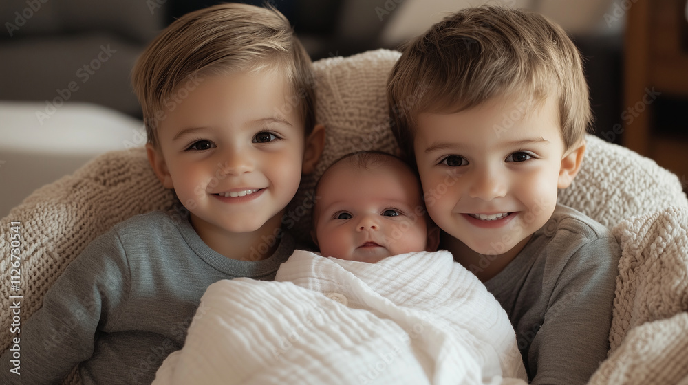 Older Sibling Tucking In Baby Brother with Soft Blanket Older Sibling Tucking In Baby Brother with Soft Blanket