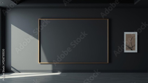 black frame hanging on sleek black marble wall with realistic marble texture, elegant interior design concept, blank frame, empty frame, copy space