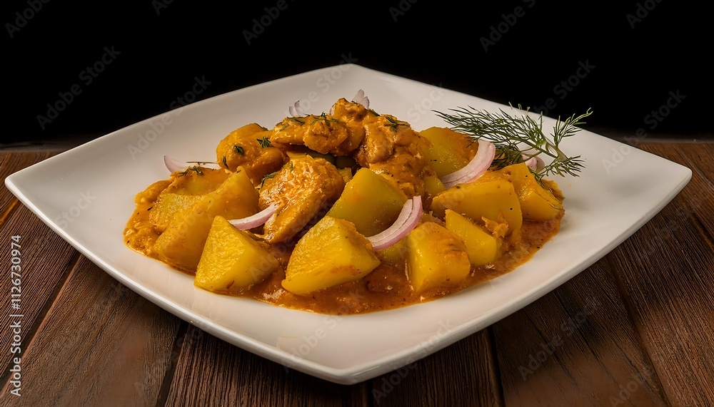 Chicken and potato curry, garnished with onion rings, a flavorful dish. Chicken and potato curry, garnished with onion rings, a flavorful dish.
