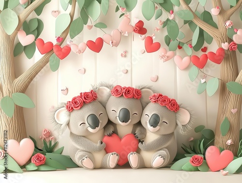 Koalas with rose crowns, lounging in trees, surrounded by Valentine's garlands, 3D illustration photo