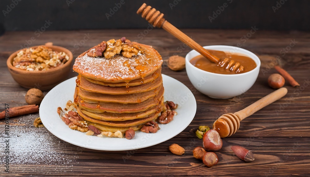 delicious stack of pancakes, drizzled with caramel and topped with nuts