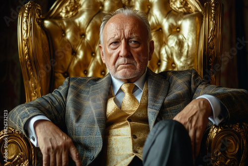 wealthy CEO business man sitting on golden throne chair with expression of contempt photo