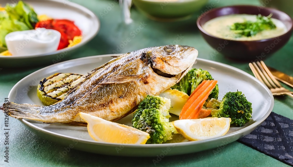 Fried sea bass with steamed vegetables and lemon wedges on a plate, looking fresh and delicious.