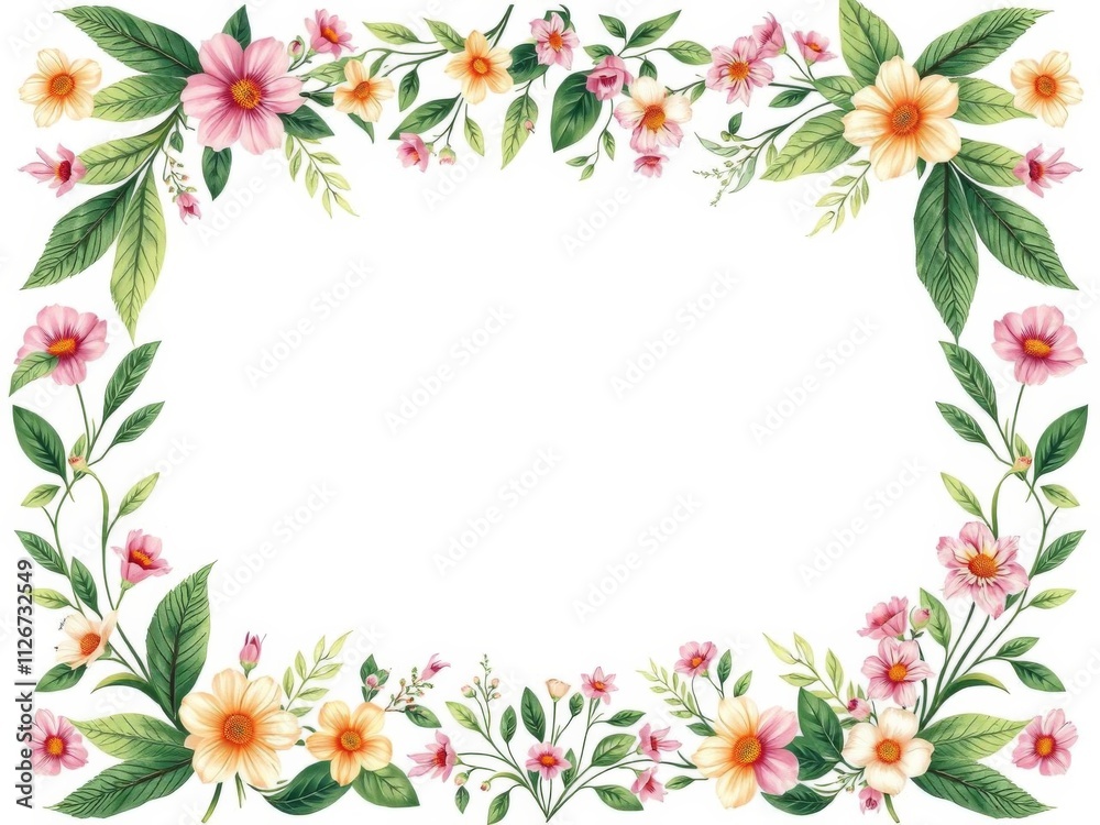 Botanical leaves and flowers creating a vertical frame with a white isolated area in the middle, botanical, border, flowers Botanical leaves and flowers creating a vertical frame with a white isolated area in the middle, botanical, border, flowers