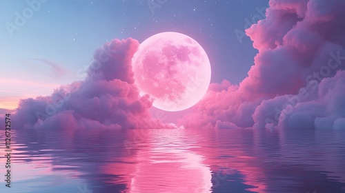 Pink Moon over Calm Ocean