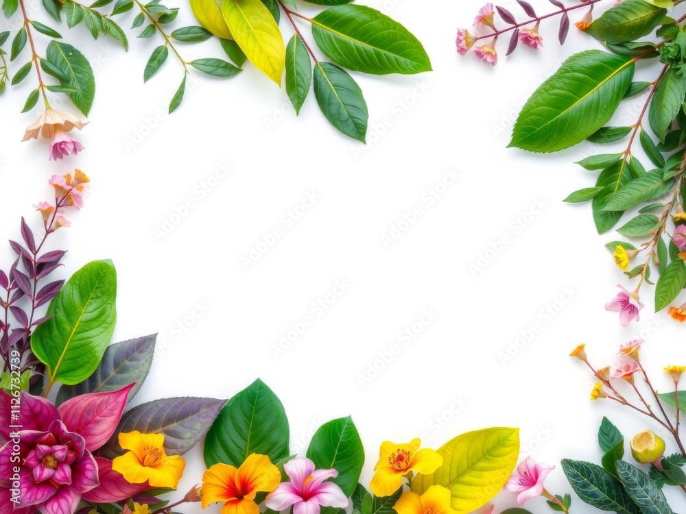 Fototapeta premium Botanical leaves and flowers surrounding a white frame in the center, flat lay, leaves, botanical frame