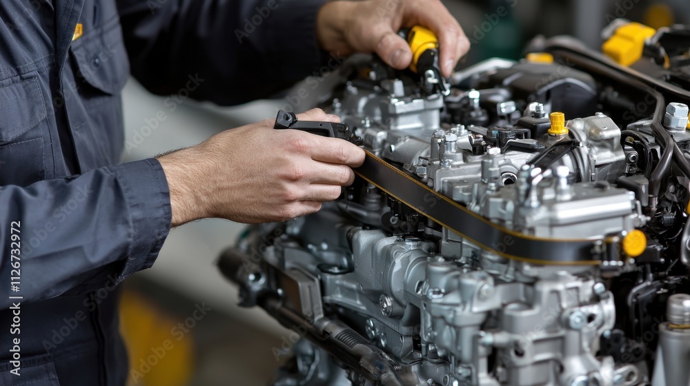 Mechanics repair and engine restoration, A mechanic works on an engine assembly, adjusting components with tools to ensure optimal performance and functionality. Mechanics repair and engine restoration, A mechanic works on an engine assembly, adjusting components with tools to ensure optimal performance and functionality.