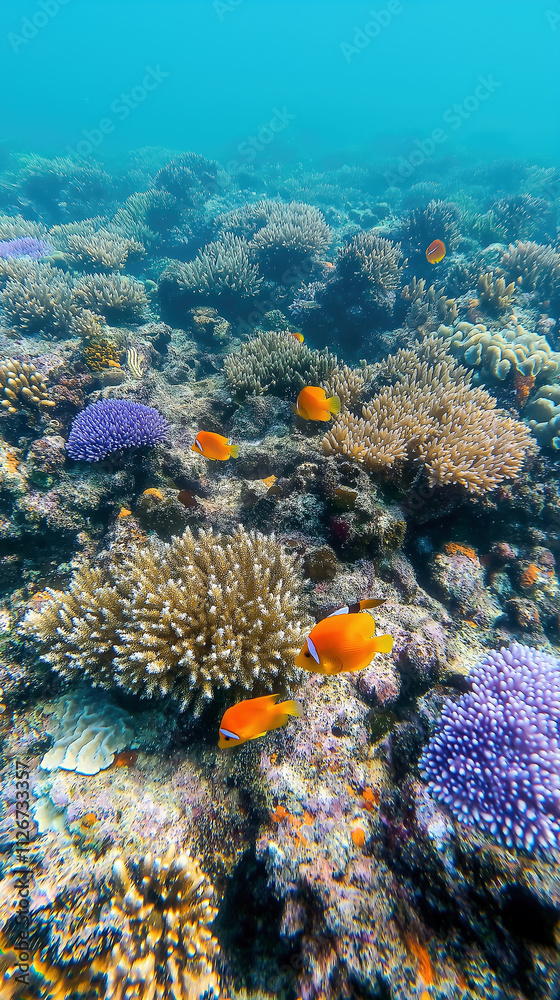 Obraz premium Vibrant coral reef with colorful fish in clear tropical ocean waters
