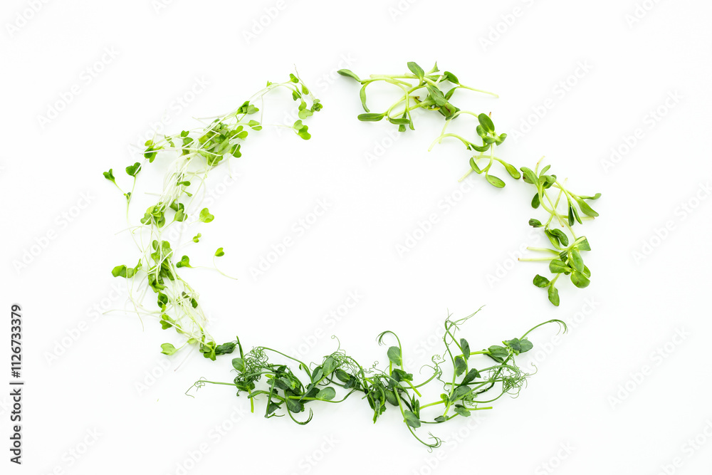 Frame of microgreens pea, top view. Vegan and healthy eating. Frame of microgreens pea, top view. Vegan and healthy eating.
