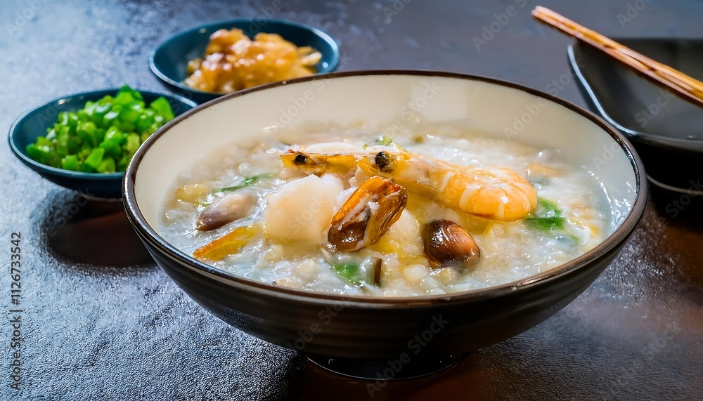 Seafood congee in a bowl with shrimp, mussels, and vegetables, accompanied by side dishes, looking delicious. Seafood congee in a bowl with shrimp, mussels, and vegetables, accompanied by side dishes, looking delicious.