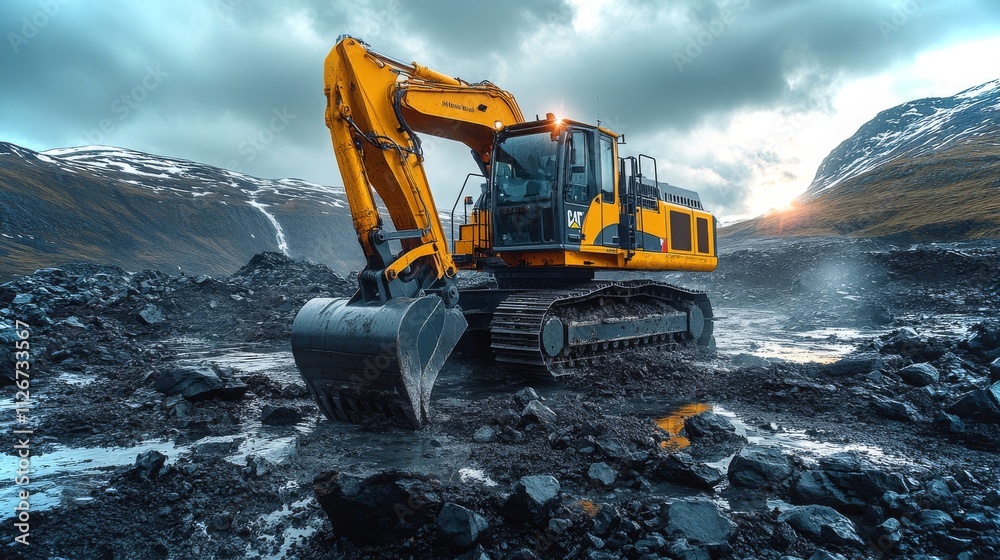 Vibrant yellow excavator digging into rocky terrain under cloudy skies
