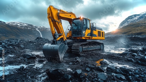 Obraz na płótnie Vibrant yellow excavator digging into rocky terrain under cloudy skies w salonie