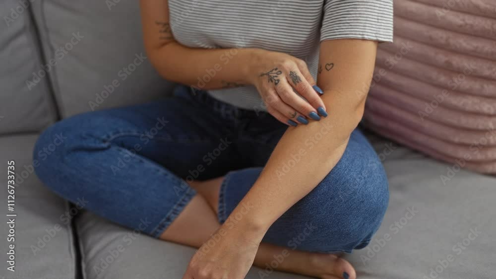 Young woman with tattoos scratches her arm while sitting on a gray couch in a cozy living room Young woman with tattoos scratches her arm while sitting on a gray couch in a cozy living room