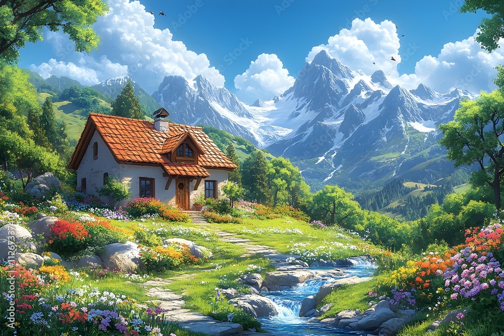 Fototapeta premium illustration of beautiful landscapes with mountains and lakes in watercolor, aquarelle look pencil art Countryside village landscape with church and houses illustration, design, vector, nature, travel