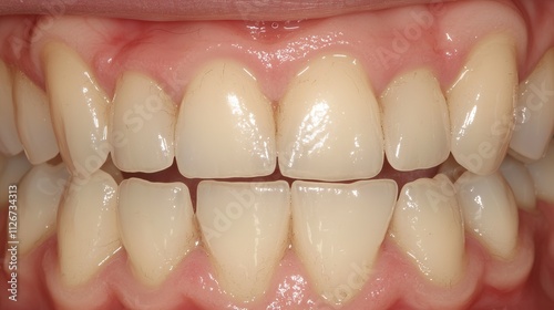 Close-up of healthy human teeth with a bright, even smile and pink gums.