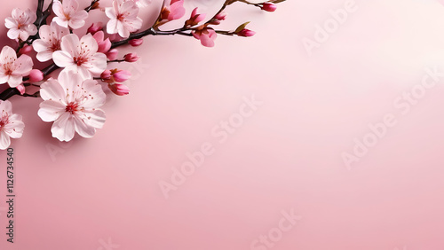 Soft pink spring background adorned with delicate sakura flowers, creating a floral ambiance.