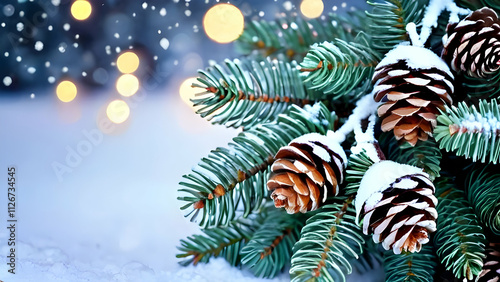 Christmas banner featuring snowy pine cones on fir branches illuminated by warm festive lights.