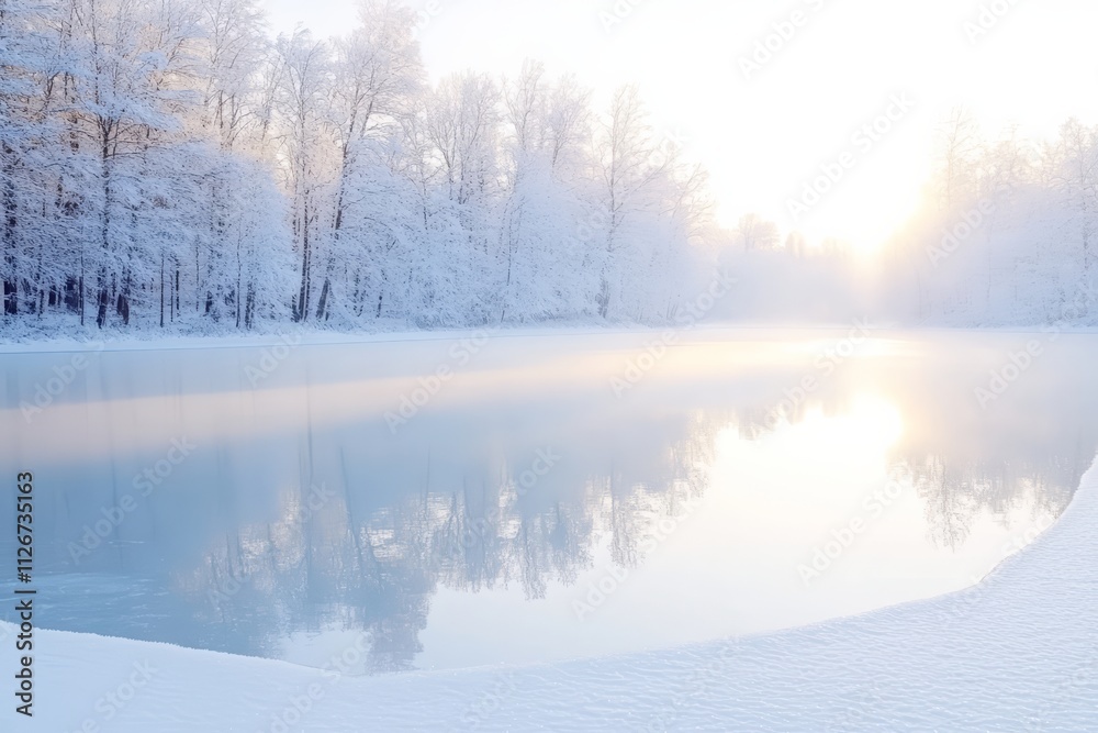 Icy Winter Lake: A still, frozen lake surrounded by snow-dusted trees and soft winter sunlight. Icy Winter Lake: A still, frozen lake surrounded by snow-dusted trees and soft winter sunlight.