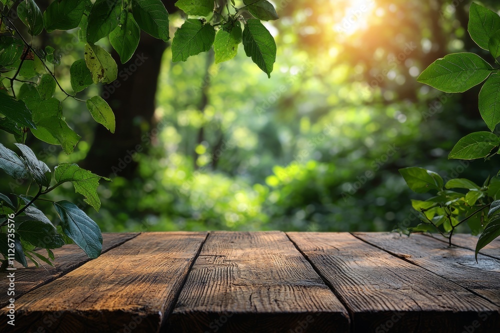 An empty wooden table surface with a blurred green tree in the park garden backdrop, ideal for product display or montage. An empty wooden table surface with a blurred green tree in the park garden backdrop, ideal for product display or montage.
