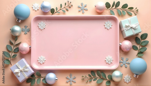 Minimalist Festive Illustration Composition with Pink Tray, Pastel Ornaments and Gifts with Christmas Branches and Balls. ideal for end of year sales and Christmas marketing.