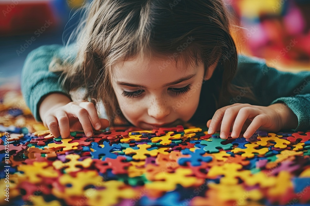 A child with pieces of colourful jigsaw puzzles. Symbol of the World Autism Awareness Day. Second of April