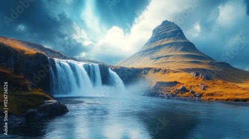 A serene landscape featuring a waterfall and mountain under a dramatic sky.