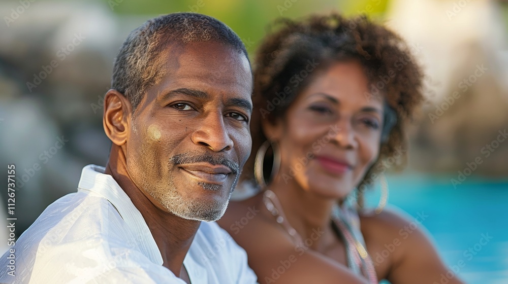 Portrait of middle-aged black couple stands together in front of a pool. Portrait of middle-aged black couple stands together in front of a pool.