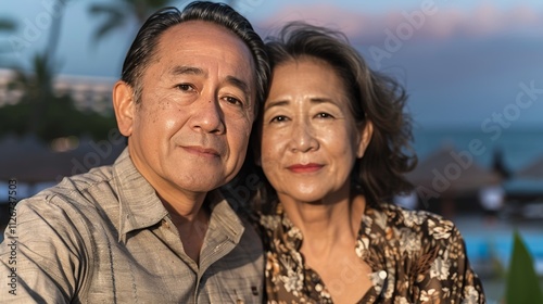 A close-up photo of an older Asian couple posing together smiling at the camera.