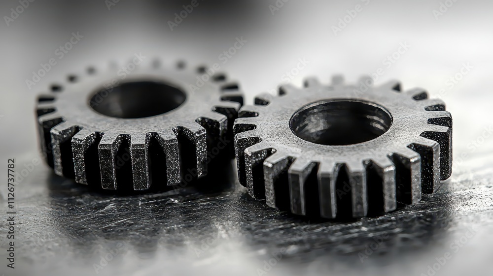 Two black gears resting on a metallic surface, showcasing intricate teeth and industrial design, symbolizing machinery and engineering. Two black gears resting on a metallic surface, showcasing intricate teeth and industrial design, symbolizing machinery and engineering.