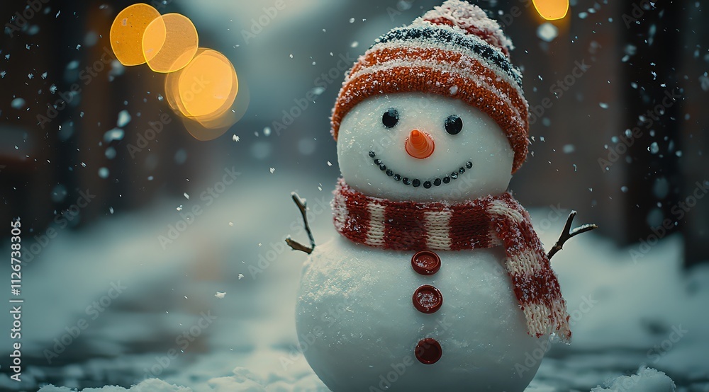 Fototapeta premium smiling snowman wearing a red and white striped scarf, standing in soft, falling snow with a blurred winter background. 